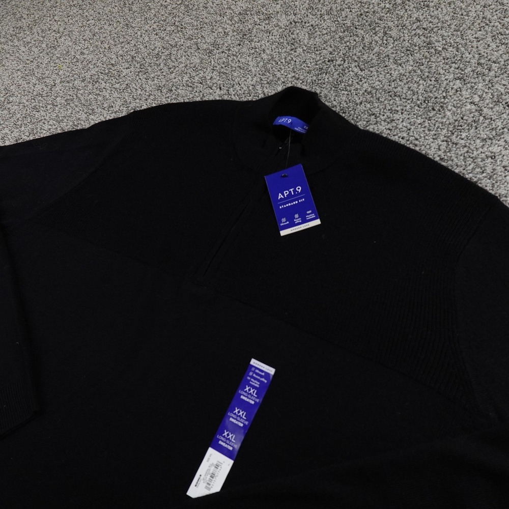 NEW APT 9 Sweater Mens 2XL Black 1/4 Zip Mock Neck Merino Wool Blend Pullover